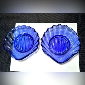 2 Cobalt Blue Glass Ribbed Scalloped Seashell Stacking Dishes ,Trinket Holders
